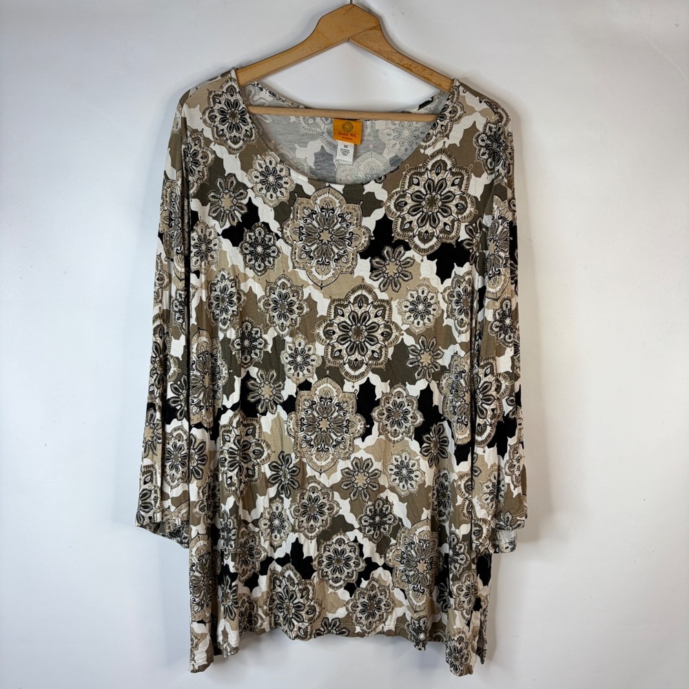 Ruby Rd Woman Top Womens 3X Tan Black Floral Medallion Scoop Neck 3/4 Sleeve